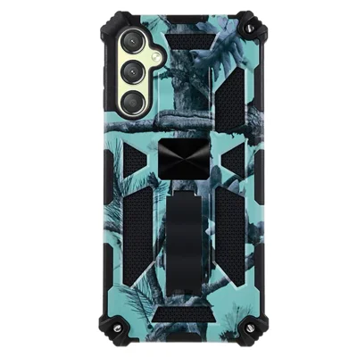 For Samsung Galaxy A24 4G (162.1 x 77.6 x 8.3mm) PC+TPU Phone Case Camouflage Kickstand Cell Phone Cover - Light Green