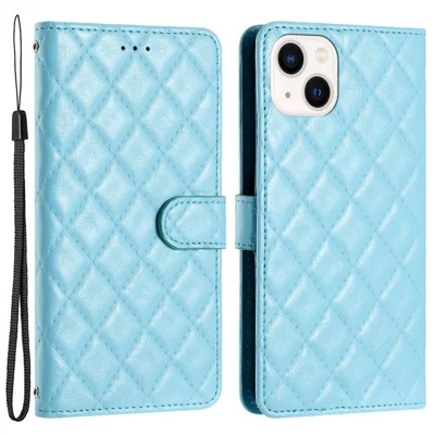 TPU+PU Leather Phone Cover for iPhone 13 , Wallet Shell Flip Stand Stitching Line Rhombus Texture Phone Case - Sky Blue