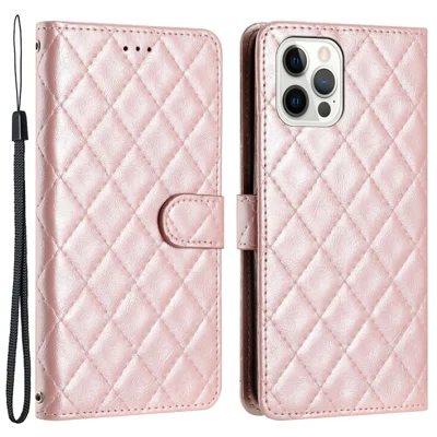 For iPhone 12 / 12 Pro PU Leather Phone Cover Wallet Stand Stitching Line Rhombus Texture Phone Case - Rose Gold
