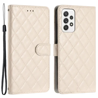 For Samsung Galaxy A52 4G / A52s 5G / A52 5G Stitching Line Rhombus Cell Phone Cover PU Leather Wallet Shell Stand Phone Case - White