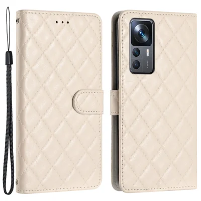 For Xiaomi 12T 5G / 12T Pro 5G / Redmi K50 Ultra 5G Wallet Stand Stitching Line Rhombus Leather Case Phone Cover - White