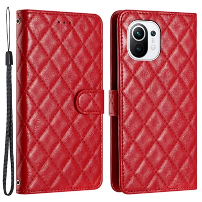 For Xiaomi Mi 11 Lite 4G / 5G / 11 Lite 5G NE Shockproof Wallet Stand Stitching Line Rhombus Phone Leather Cover - Red