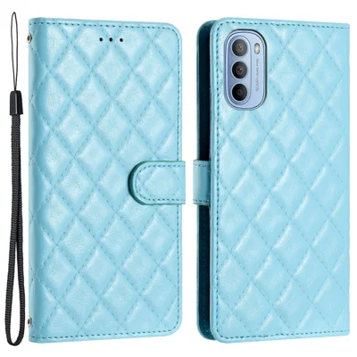PU Leather Case for Motorola Moto G52 4G / G82 5G , Stitching Line Rhombus Stand Wallet Phone Cover - Sky Blue