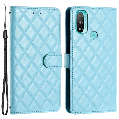 For Motorola Moto E20 / E30 / E40 Phone Case PU Leather Stitching Line Rhombus Wallet Stand Cover - Sky Blue