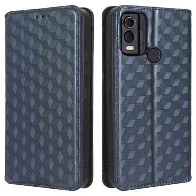 For Nokia C22 PU Leather Magnetic Closing Cover Rhombus Imprinted Wallet Stand Phone Case - Blue