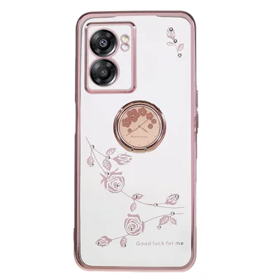 KADEM Rhinestone Flower Cover for Oppo A57 (2022) 5G / A77 5G Electroplated Clear TPU Phone Case with Ring Kickstand - Rose Gold