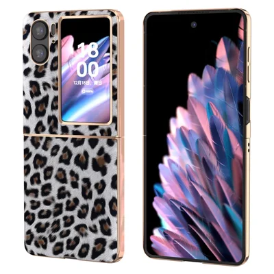 Electroplating Phone Case for Oppo Find N2 Flip 5G , Leopard Pattern Hard PC+PU Leather Phone Cover - Silver