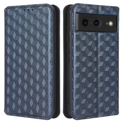 For Google Pixel 8 PU Leather Rhombus Imprinted Phone Case Wallet Stand Secure Magnetic Cover - Blue
