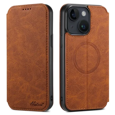 Capa de Carteira de Telefone SUTENI J06 para iPhone 14 Plus, Capa de Couro PU Magnética com Suporte Compatível com Carregador MagSafe - Cáqui
