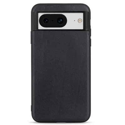 For Google Pixel 8 Shockproof Phone Case Textured Genuine Leather Coated TPU Phone Cover - Black