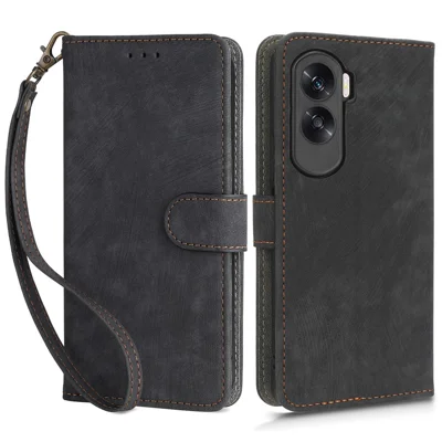 For Honor 90 Lite 5G / X50i 5G RFID Blocking PU Leather Case Cell Phone Wallet Stand Cover with Strap - Black