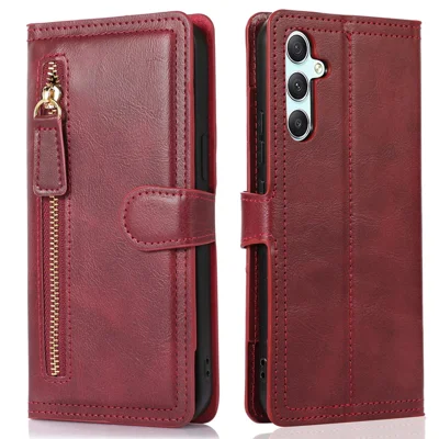 For Samsung Galaxy A34 5G PU Leather Wallet Case Zipper Pocket Stand Flip Phone Cover - Red