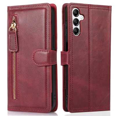 For Samsung Galaxy A14 5G / A14 4G PU Leather Magnetic Clasp Phone Cover Zipper Pocket Wallet Stand Case - Red