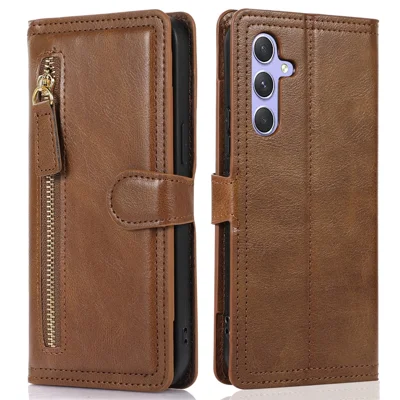 For Samsung Galaxy A54 5G PU Leather Wallet Drop-proof Case Zipper Pocket Flip Stand Phone Cover - Brown