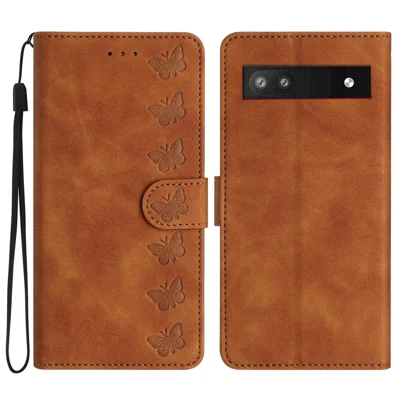 For Google Pixel 7a Butterfly Imprinted Foldable Stand Shell Anti-scratch PU Leather Wallet Phone Case - Brown
