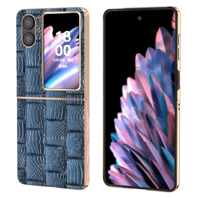 For Oppo Find N2 Flip 5G Genuine Cow Leather+PC Phone Case Nano Electroplating Mahjong Texture Back Cover - Blue