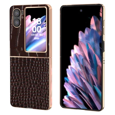 For Oppo Find N2 Flip 5G Genuine Cow Leather+PC Shockproof Cover Crocodile Texture Nano Electroplating Phone Case - Coffee
