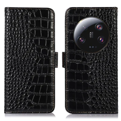 Für Xiaomi 13 Ultra Genuine Cowhide Leather Phone Case Stand RFID Blocking Wallet Crocodile Texture Phone Cover - Schwarz