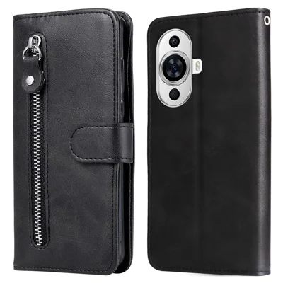 Leather Phone Case for Huawei nova 11 Pro / nova 11 Ultra , Calf Texture Zipper Pocket Stand Wallet Phone Cover - Black
