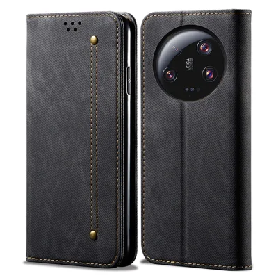 Für Xiaomi 13 Ultra Wallet Stand PU Lederetui Jeans Cloth Textur Handy-Cover - Schwarz