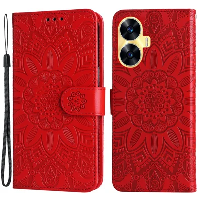 PU Leather Stand Wallet Phone Cover for Realme C55 4G Sunflower Imprinted Phone Case with Strap - Red