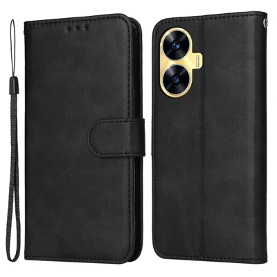 For Realme C55 4G Calf Texture Phone Leather Case Wallet Stand Cell Phone Cover with Strap - Black