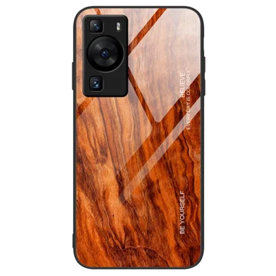 For Huawei P60 Wooden Pattern Phone Case Tempered Glass + TPU Shock Protective Cover - Orange