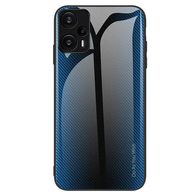 Für Xiaomi Redmi Note 12 Turbo / Poco F5 5G Carbon-Faser-Textur Hülle Gehärtetes Glas Rückseite + Weiches TPU-Handyhülle - Babyblau