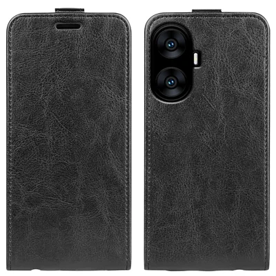 Capa de Telemóvel Vertical para Realme C55 4G, Capa com Textura de Couro de Cavalo Maluco em PU, com Ranhura para Cartões - Preto