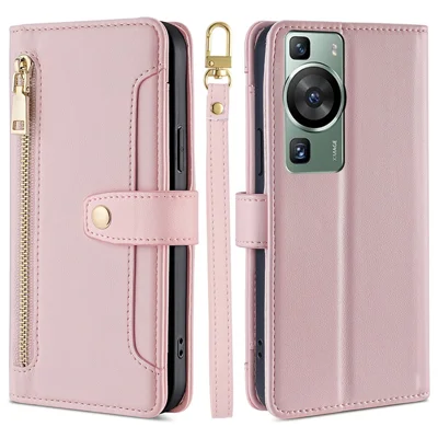 Wallet Cover for Huawei P60 / P60 Pro Zipper Pocket Anti-Scratch Leather Phone Stand Case with 2 Straps - Pink