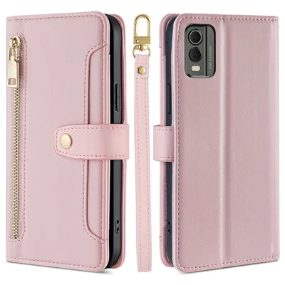 Fall Proof Flip Cover for Nokia C32 Zipper Pocket Stand Wallet Leather Phone Case with 2 Straps - Pink