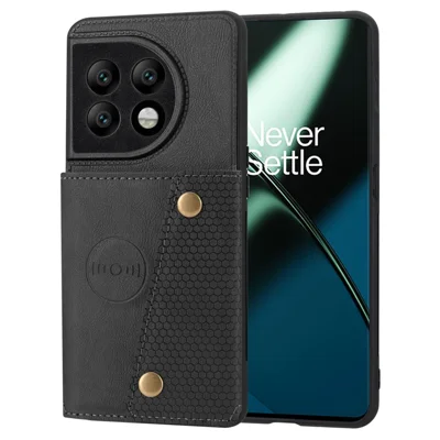 Para OnePlus 11 5G Porta-cartões Capa de Telefone Revestimento de Couro PU Capa de Apoio TPU com Suporte de Carro Folha de Metal - Preto