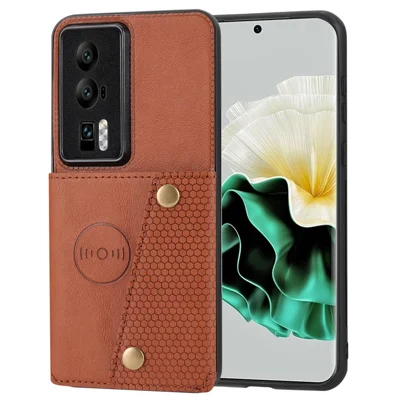 Für Huawei P60 / P60 Pro Kickstand-Hülle Kartenfach PU-Leder beschichtetes TPU-Handyhülle mit Autohalterung Metallplatte - Hellbraun