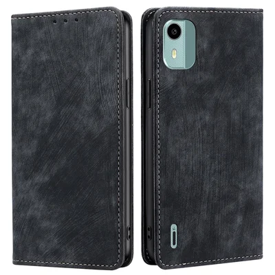 Capa para Telemóvel em Pele Sintética para Nokia C12 4G / C12 Plus / C12 Pro, com Textura, Anti-queda, Suporte, Carteira e Bloqueio RFID - Preto
