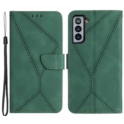HT05 For Samsung Galaxy S22 5G PU Leather Imprinted Line Phone Case Wallet Stand Skin-touch Protective Cover - Green