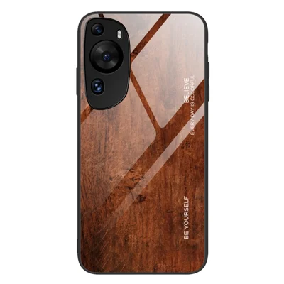 For Huawei P60 Art Wooden Pattern Phone Case Tempered Glass Back + TPU Frame Shockproof Cover - Coffee