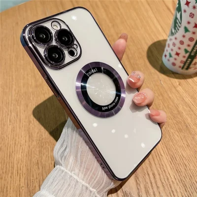 For iPhone 12 Pro Raised Bezel Electroplating Phone Cover Magnetic Charging Phone Case Shell - Dark Purple