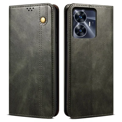 Leather Phone Cover for Realme C55 4G , Waxy Crazy Horse Texture Phone Case with Stand Wallet - Green