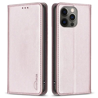 BINFEN COLOR BF18 For iPhone 12 Pro Max Anti-Dust Cell Phone Case PU Leather Card Slot Stand Phone Cover - Rose Gold