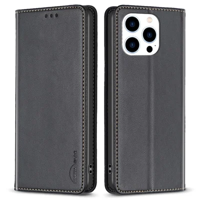 BINFEN COLOR BF18 Per iPhone 13 Pro Max Custodia per Cellulare in Pelle PU con Slot per Carte Stand per Telefono - Nero