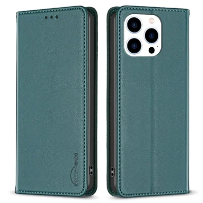 BINFEN COLOR BF18 For iPhone 13 Pro 6.1 inch PU Leather Phone Case Card Slots Folding Stand Cover - Green