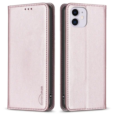 BINFEN COLOR BF18 Pour iPhone 11 Étui de protection en cuir PU anti-chute avec support et porte-cartes - Or rose