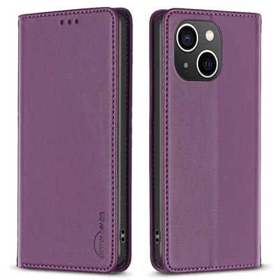 BINFEN COLOR BF18 Hoesje met Pasjeshouder voor iPhone 13 / 14 PU Leer + TPU Standhoes - Donkerpaars
