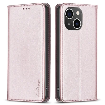 BINFEN COLOR BF18 Phone Stand Cover for iPhone 14 Plus PU Leather Card Holder Protective Phone Case - Rose Gold