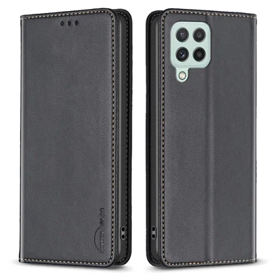 BINFEN COLOR BF18 Leren Hoesje voor Samsung Galaxy A12 met Pasjeshouder, Volledige Bescherming, Telefoonstandaard, Zwart