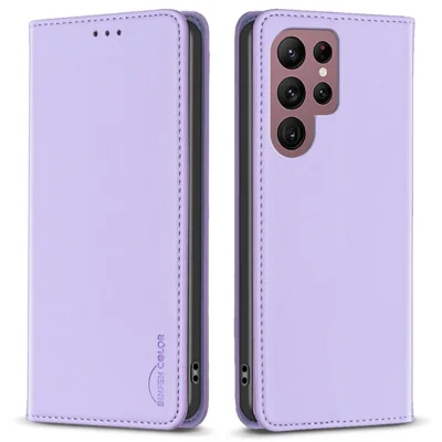 BINFEN COLOR BF18 For Samsung Galaxy S22 Ultra 5G PU Leather Phone Cover Card Holder Stand Hidden Magnetic Adsorption Case - Purple