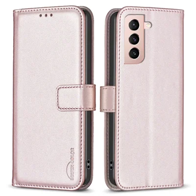 BINFEN COLOR BF17 For Samsung Galaxy S21 4G / 5G PU Leather Folio Cover Stand Wallet Flip Phone Case - Rose Gold