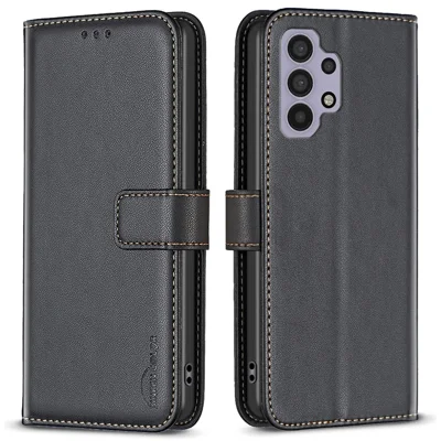 BINFEN COLOR BF17 For Samsung Galaxy A32 5G / M32 5G Phone Cover PU Leather Stand Wallet Case - Black