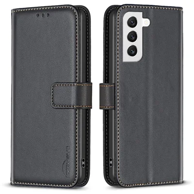 BINFEN COLOR BF17 For Samsung Galaxy S21 FE 5G Leather Phone Case Stand Wallet Smartphone Cover - Black