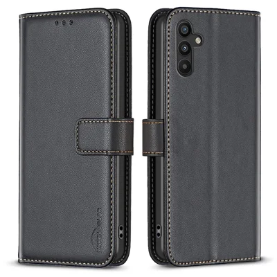 BINFEN COLOR BF17 Stand Phone Cover for Samsung Galaxy A34 5G PU Leather + TPU Wallet Case - Black